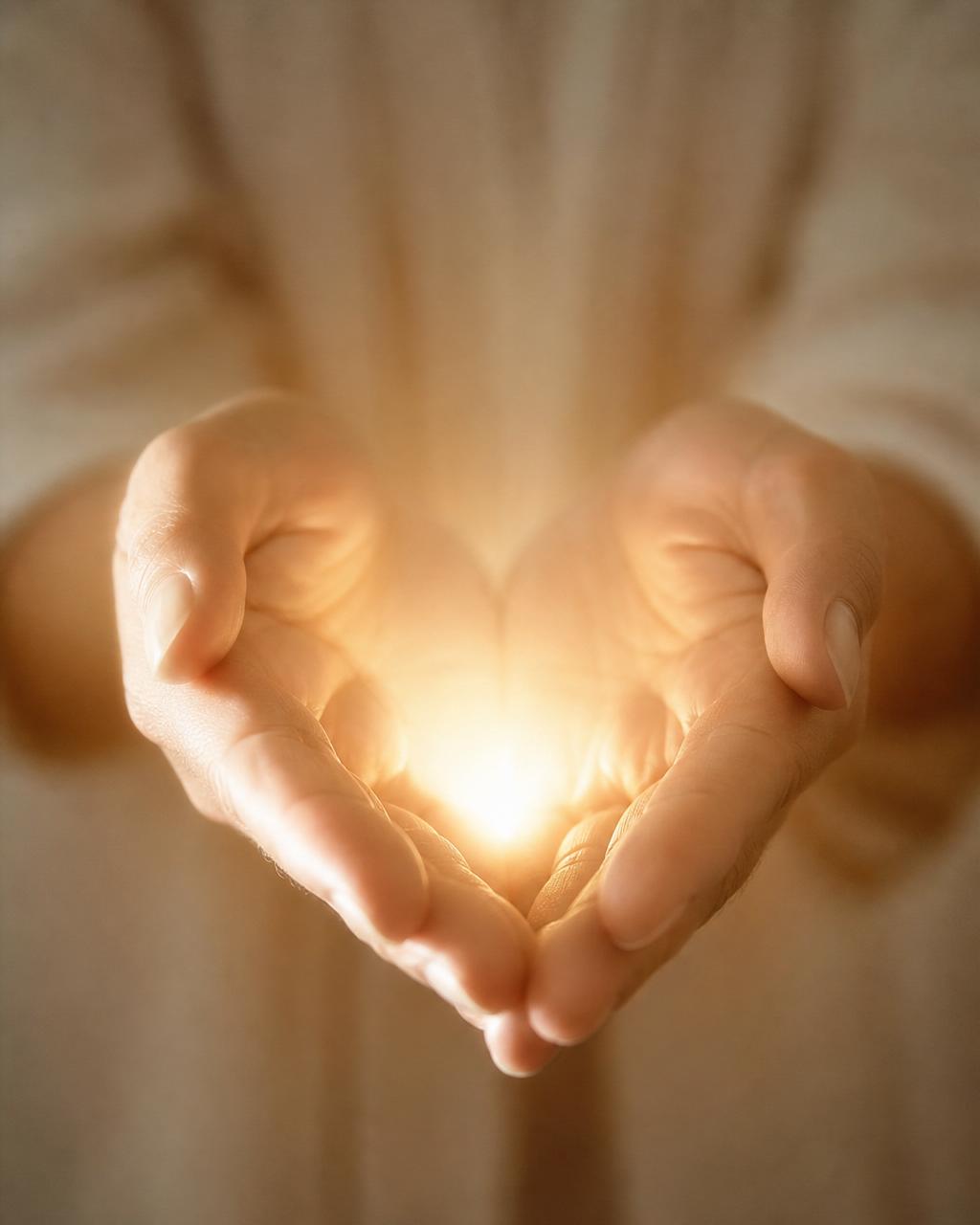 Calm hands holding gentle light — a feeling of safe support